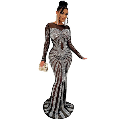 Vestido de manga larga con diamantes de imitación transparente de malla de color liso para mujer
