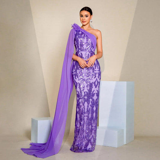 Vestido de noche elegante de alta clase para mujer, con cuello en diagonal, manga larga y cinta para cóctel, con lentejuelas