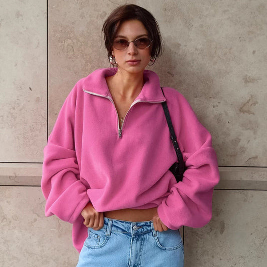 Sudadera polar con cuello rosa para mujer, otoño e invierno, de lana de cordero