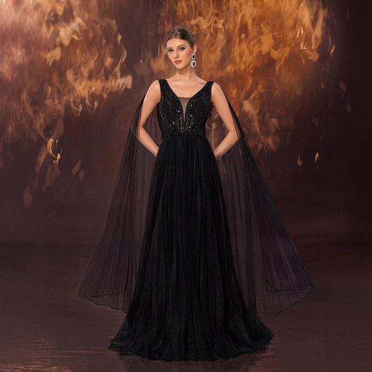 Vestido de cóctel de noche para mujer, elegante, hecho a mano, de malla con cuentas y dobladillo ancho, vestido largo formal.