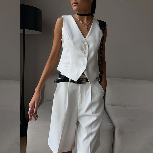 Chaleco Chaqueta Primavera Verano Cuello en V Chaleco de un Solo Pecho Pantalones Cortos Rectos Conjunto