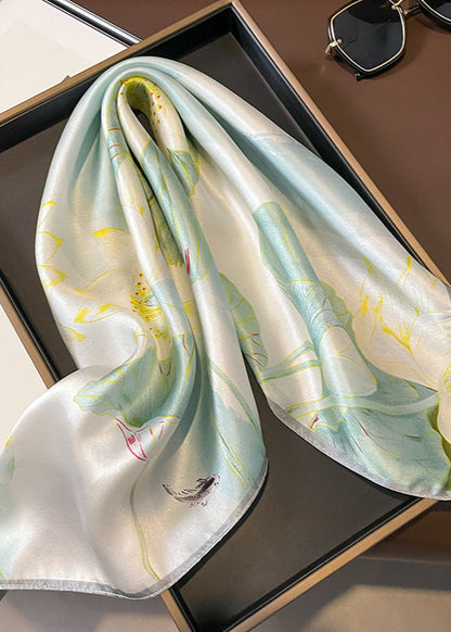 Mint Bloom - Satin Square Scarf with Lotus Garden Print