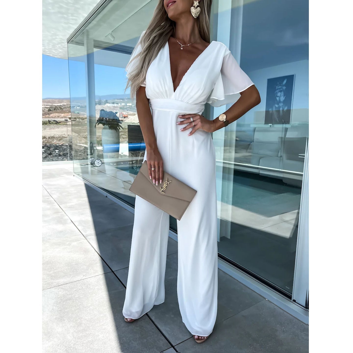 Vestido informal de manga corta con cuello en V para mujer, pantalones holgados de pierna ancha para vacaciones, de una pieza, para primavera y verano