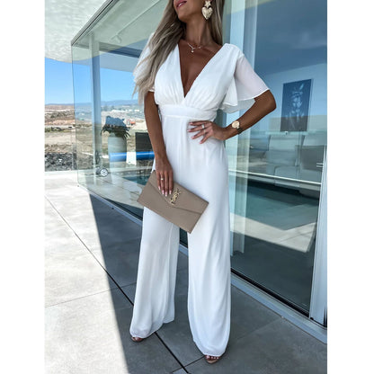 Vestido informal de manga corta con cuello en V para mujer, pantalones holgados de pierna ancha para vacaciones, de una pieza, para primavera y verano