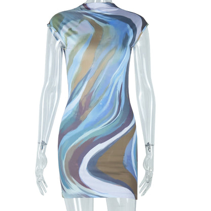Vestido corto sin mangas con cuello alto, elegante, estampado, espalda descubierta, ajustado y favorecedor para mujer