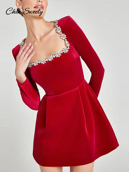 Vestido de terciopelo con cuello cuadrado y cuentas de manga larga para mujer, cintura alta, corte en A, para fiesta, Navidad y noche, nuevo