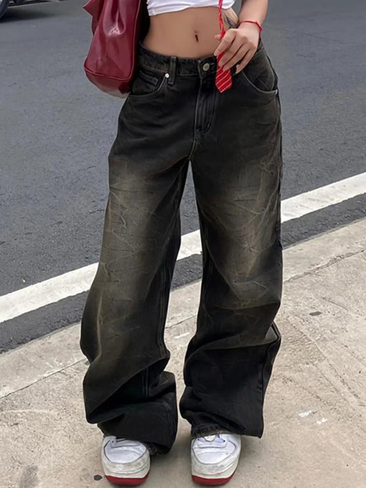 Pantalones vaqueros rectos casuales retro americanos para mujer, estilo urbano vintage, desgastados