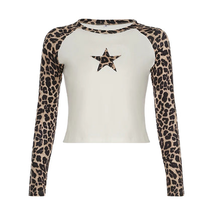 Leopard Patchwork Women¡¯s Long Sleeve T-Shirts O-Neck Start Leopard Prints Top Tees Autumn Fashion New Women¡¯s Clothes