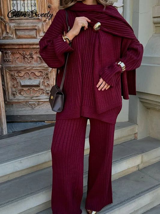 Conjunto de pantalón holgado de punto burdeos y rojo con bufanda para mujer, jersey de manga larga con cuello en V, pantalones anchos y largos, trajes para mujer.