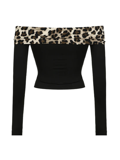Leopard Patchwork Slash Neck Long Sleeve Slim Cropped T Shirt Women Elegant Fashion Sexy Clothing