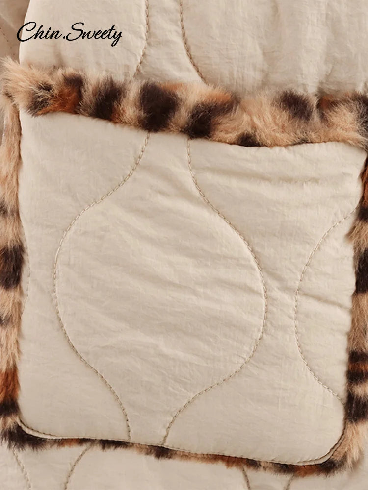Parkas acolchadas de leopardo de doble cara para mujer, abrigo vintage de polar con solapa y botones, de manga larga, ropa de abrigo gruesa y cálida para mujer 2025