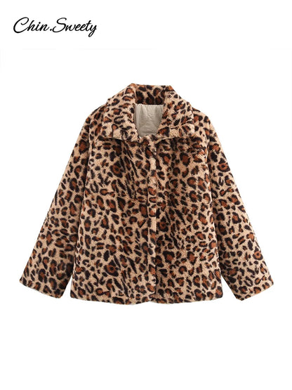 Parkas acolchadas de leopardo de doble cara para mujer, abrigo vintage de polar con solapa y botones, de manga larga, ropa de abrigo gruesa y cálida para mujer 2025