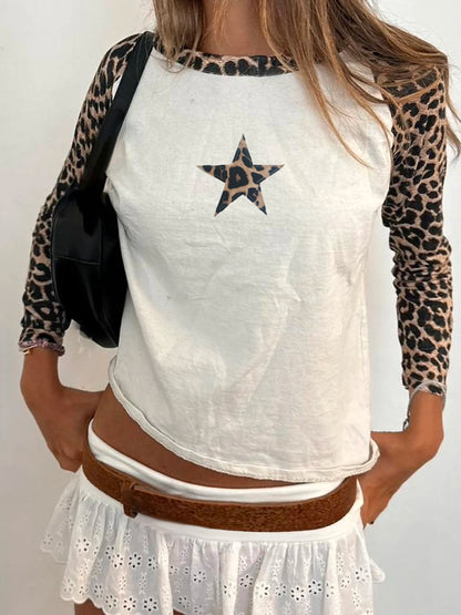 Leopard Patchwork Women¡¯s Long Sleeve T-Shirts O-Neck Start Leopard Prints Top Tees Autumn Fashion New Women¡¯s Clothes