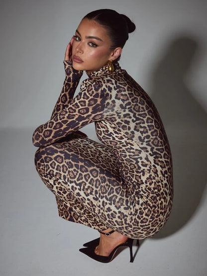 Leopard Print Long Sleeve Sexy Maxi Dress For Women Autumn Winter Fashion Elegant Turtleneck Printed Bodycon Long Dress