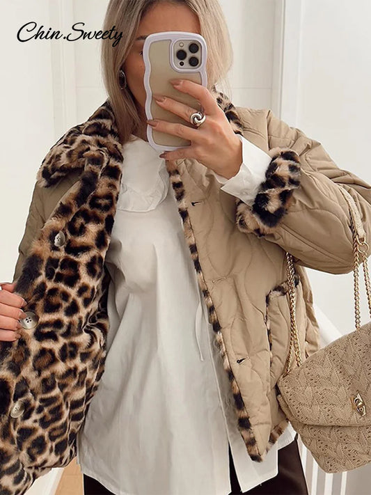 Leopard Double Side Women&#8217;s Quilted Parkas Vintage Long Sleeve Lapel Fleece Button Padded Coat 2025 New Lady Thick Warm Outwear