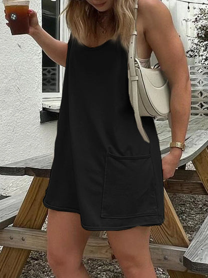 Mono negro liso de dos capas con pierna ancha para mujer, informal, holgado, sin mangas, para vacaciones de verano