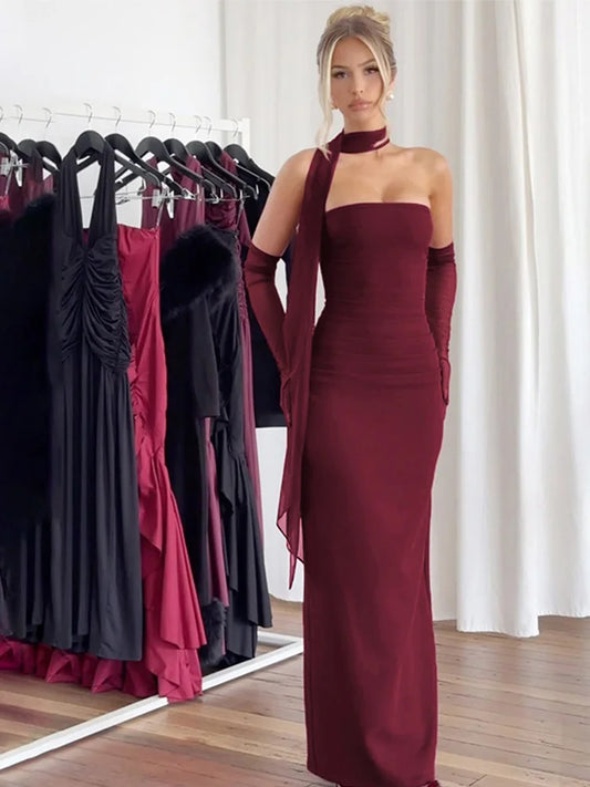Vestidos largos de tubo plisados vintage para mujer, elegantes, lisos, ajustados, sin mangas, con bufanda de seda y guantes, para noche de verano.