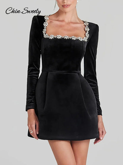 Vestido de terciopelo con cuello cuadrado y cuentas de manga larga para mujer, cintura alta, corte en A, para fiesta, Navidad y noche, nuevo