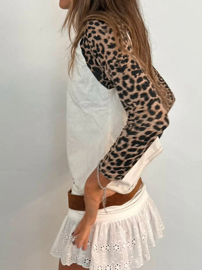 Leopard Patchwork Women¡¯s Long Sleeve T-Shirts O-Neck Start Leopard Prints Top Tees Autumn Fashion New Women¡¯s Clothes