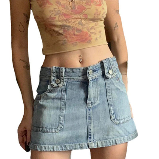 Falda vaquera estética de los años 2000 Y2K para mujer, estilo grunge Harajuku, minifalda vaquera corta con bolsillos, moda coreana, ropa de calle.