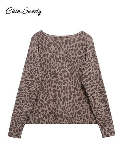 Leopard Knit Pullover Women Casual Loose Round Neck Long Sleeves Sweater Tops 2025 Spring Summer Fashion Lady Y2K Streetwear