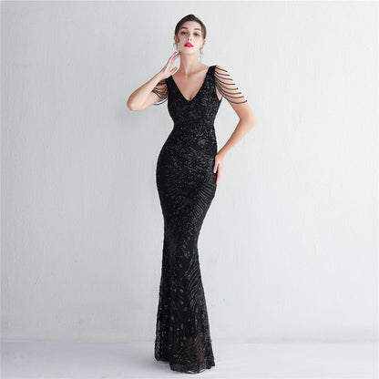 Vestido sexy sin mangas con escote en V, con piedras y cristales, lentejuelas y borlas, elegante, de fiesta, largo y de cintura alta.