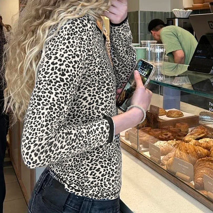 Leopard Print Crew Neck Y2K Top Women High Street Long Sleeve Fitted Tshirt Fashion Autumn Casual Tee Vintage Outfits