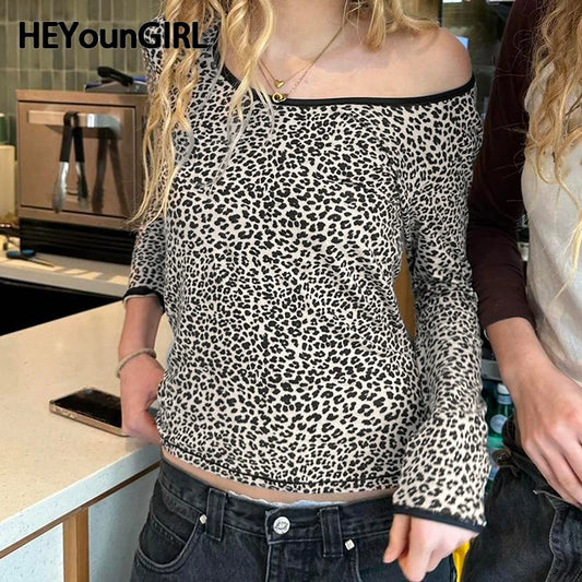 Leopard Print Crew Neck Y2K Top Women High Street Long Sleeve Fitted Tshirt Fashion Autumn Casual Tee Vintage Outfits