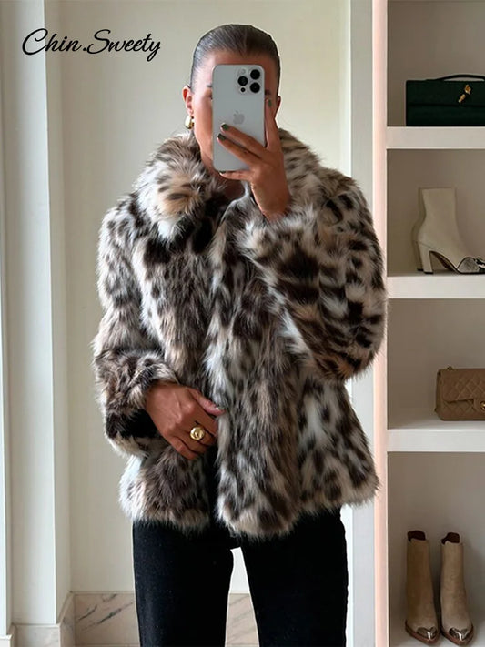 Leopard Print Faux Fur Short Coat Women Fashion Puff Plush Lapel Loose Button Jacket Female  Winter Thick Warm Outerwear