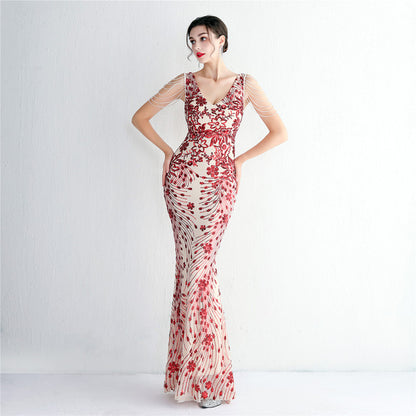 Vestido sexy sin mangas con escote en V, con piedras y cristales, lentejuelas y borlas, elegante, de fiesta, largo y de cintura alta.