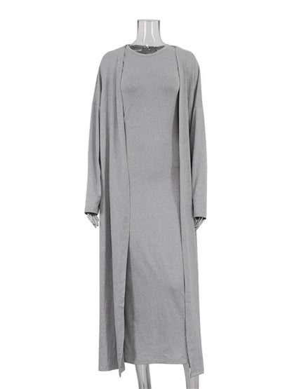 Casual 2 Piece-Set Female Long Dress Slim High Waist Patchwork Sleeveless Dress And Overcoat Sets Women Maxi Dress Outfits