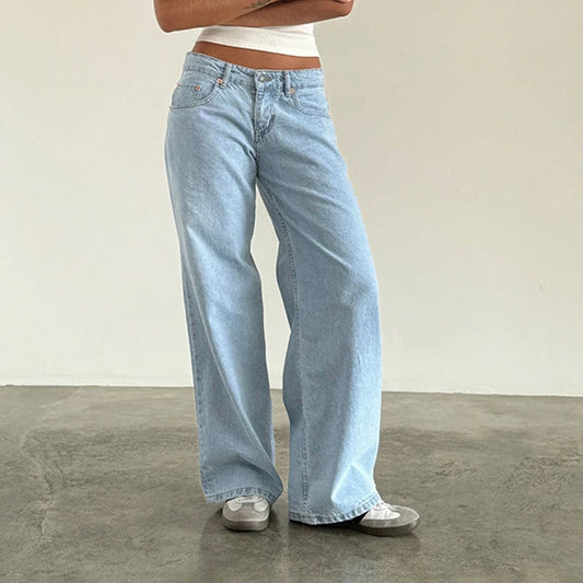 Pantalones vaqueros holgados de tiro bajo con estética Y2K para mujer, pantalones vaqueros rectos de pierna ancha y corte boyfriend, pantalones vaqueros largos elásticos de moda