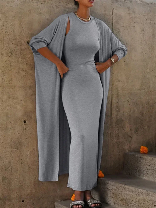 Conjunto informal de 2 piezas para mujer, vestido largo ajustado de cintura alta, con patchwork, sin mangas y abrigo, conjunto de vestido maxi para mujer.