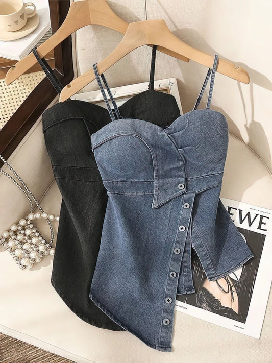 Coquette Comisoles Sin Mangas Tops de Mezclilla Sexy Mujeres Verano Jeans Tanques Crop Top Desmontable Sin Tirantes Vaquero Bustier Corsé