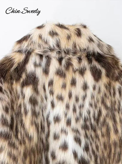 Leopard Print Faux Fur Short Coat Women Fashion Puff Plush Lapel Loose Button Jacket Female  Winter Thick Warm Outerwear