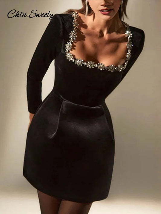 Vestido de terciopelo con cuello cuadrado y cuentas de manga larga para mujer, cintura alta, corte en A, para fiesta, Navidad y noche, nuevo
