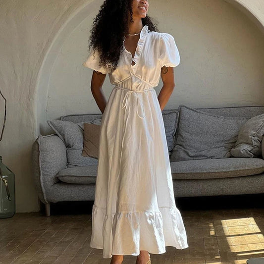 Vestido largo blanco con escote en V y cordones para mujer, color liso, cintura alta, mangas cortas, fruncido, con retazos