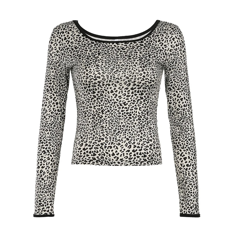 Leopard Print Crew Neck Y2K Top Women High Street Long Sleeve Fitted Tshirt Fashion Autumn Casual Tee Vintage Outfits