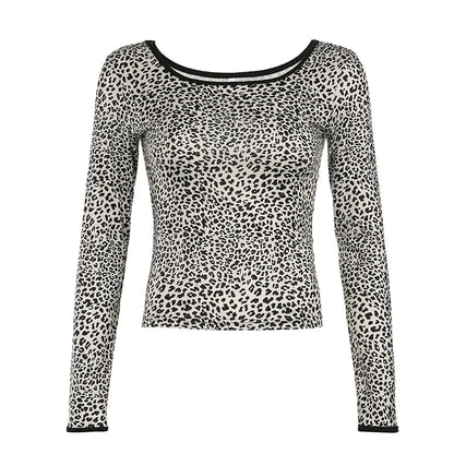 Leopard Print Crew Neck Y2K Top Women High Street Long Sleeve Fitted Tshirt Fashion Autumn Casual Tee Vintage Outfits