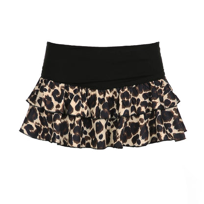 Leopard Contrast Y2k Cake Skirt Women Sexy Cute Hotsweet Basic Chic Retro Clothing Streetwear American Gyaru