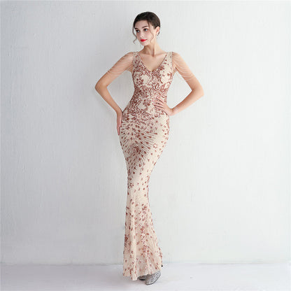 Vestido sexy sin mangas con escote en V, con piedras y cristales, lentejuelas y borlas, elegante, de fiesta, largo y de cintura alta.