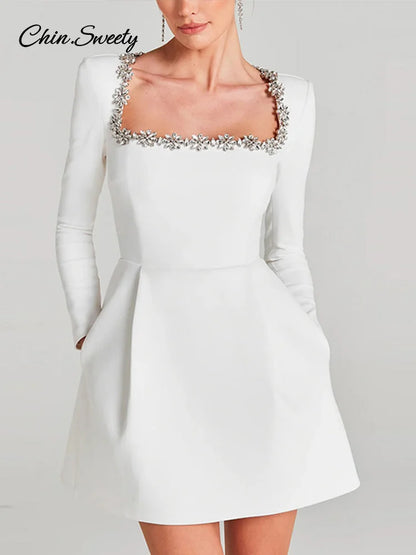 Vestido de terciopelo con cuello cuadrado y cuentas de manga larga para mujer, cintura alta, corte en A, para fiesta, Navidad y noche, nuevo