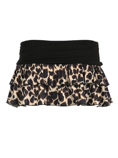Leopard Contrast Y2k Cake Skirt Women Sexy Cute Hotsweet Basic Chic Retro Clothing Streetwear American Gyaru