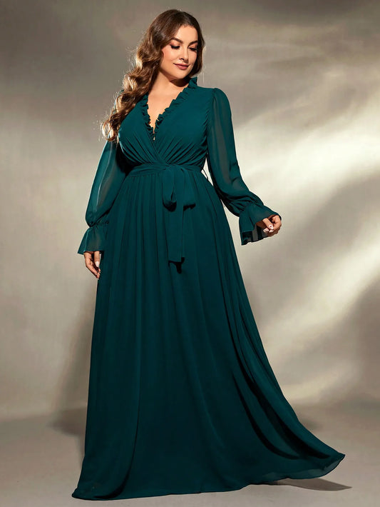 Vestido de gasa de manga larga con escote en V, irregular, cruzado, con orejas de madera y encaje, talla grande, para noche, baile y fiesta