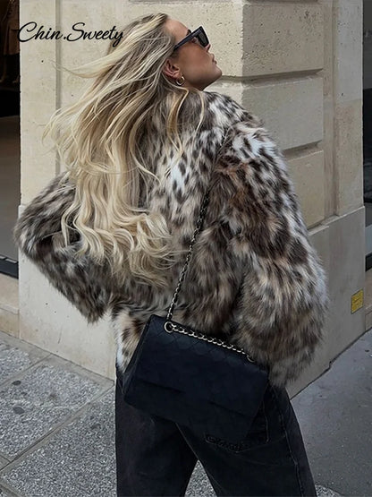 Leopard Print Faux Fur Short Coat Women Fashion Puff Plush Lapel Loose Button Jacket Female  Winter Thick Warm Outerwear