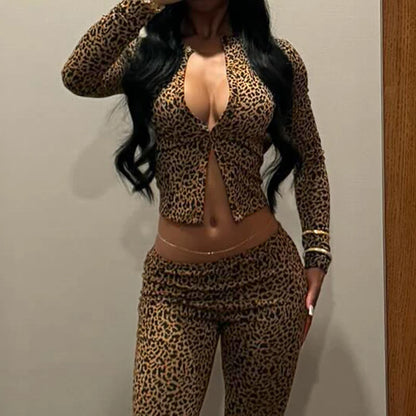 Leopard Print O Neck Fitted Crop Top Women Sexy Fashion Streetwear Y2K Vintage Brown Long Sleeve Buttons Tee shirt