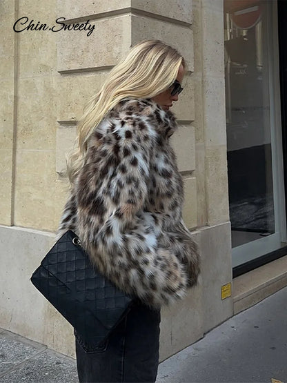 Leopard Print Faux Fur Short Coat Women Fashion Puff Plush Lapel Loose Button Jacket Female  Winter Thick Warm Outerwear