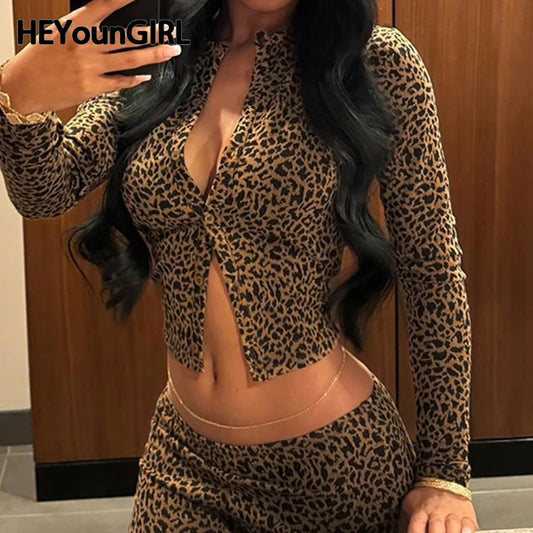 Leopard Print O Neck Fitted Crop Top Women Sexy Fashion Streetwear Y2K Vintage Brown Long Sleeve Buttons Tee shirt