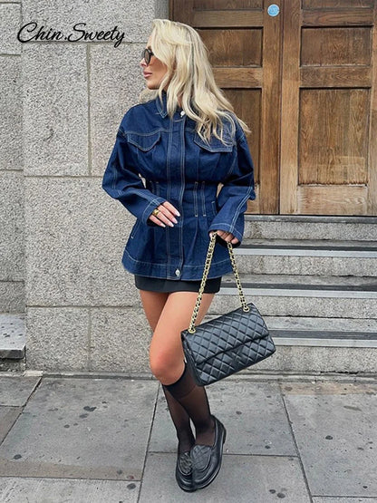Chaqueta vaquera de calle para mujer, con solapa, mangas largas y cremallera, azul oscuro, cintura ceñida, abrigos vaqueros para mujer, primavera 2025, ropa exterior Y2K para mujer