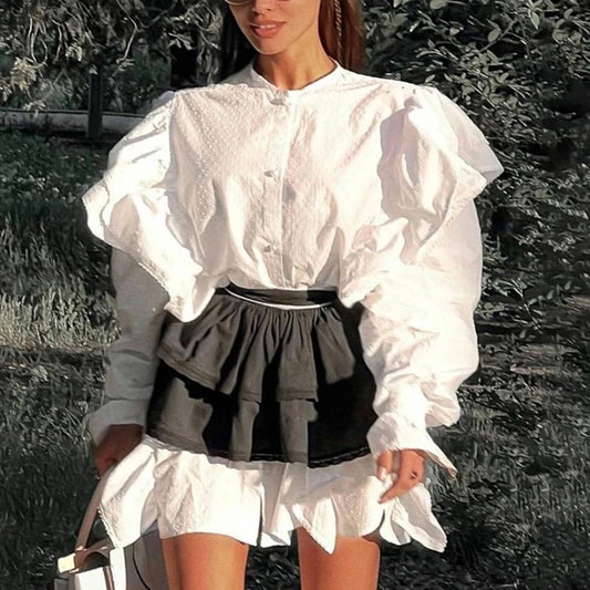 Vestido camisero con mangas acampanadas y volantes para mujer, con pantalones cortos de cintura alta, con patchwork de colores en contraste, para fiesta de otoño, nuevo